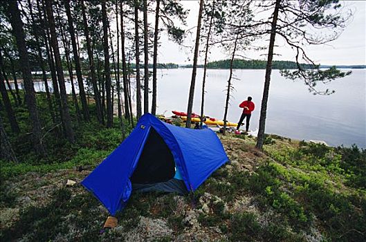 蓝色,帐蓬,平静,湖,瑞典,一个人,两个,皮划艇,背景