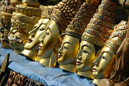 纪念品,排,黄金,涂绘,面具,雕刻,室外,木头,茵莱湖,掸邦,缅甸,东南亚