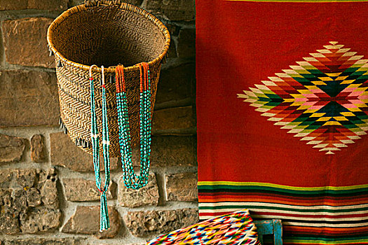 篮子,彩色,毯子,墙壁,装潢,展示,青绿色,珠链,圣达菲,新墨西哥,美国