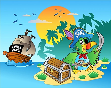 海盗,鹦鹉,宝箱,岛屿