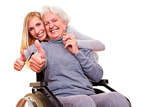 高兴,女人,轮椅,孙女,拿着,竖大拇指