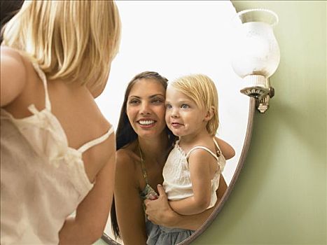 母女,看,镜子