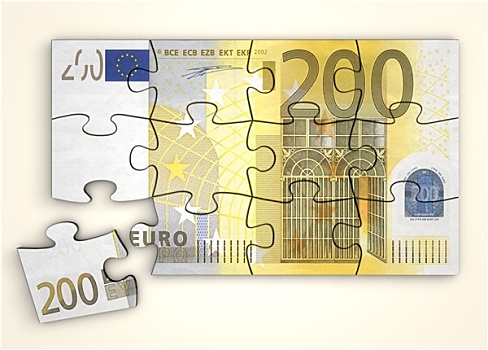200欧元,钞票,拼图,俯视