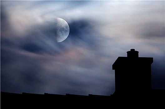 月照,云,高处,屋顶