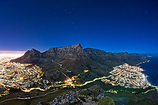 桌山,满月,亮光,星,空中,开普敦,南非