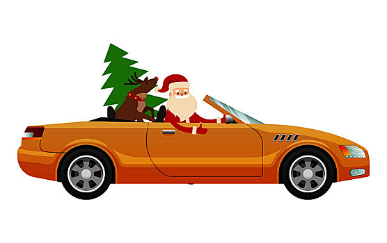 圣诞老人,开车,可爱,黄色,奢华,汽车,驯鹿,绿色,冷杉,礼物,商务人士,矢量,插画
