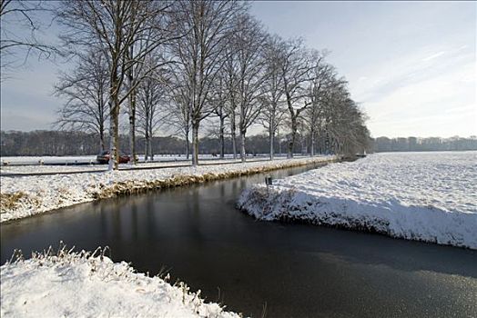 雪地,沟,道路,靠近,北荷兰省