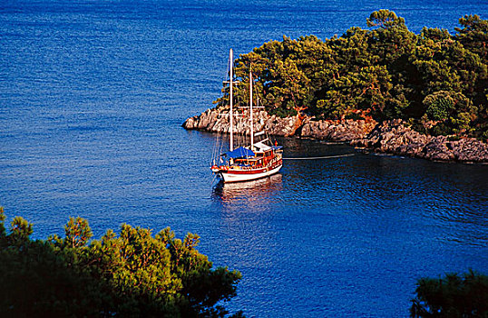 帆船,蓝色背景,旅行,停泊,岛屿,海湾,费特希耶,土耳其