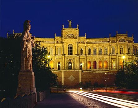 夜景,德国州议会,巴伐利亚,巴伐利亚国会大厦,慕尼黑,德国