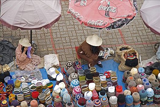 摩洛哥,玛拉喀什,马希地区,帽子,货摊,香料市场