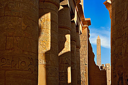 一个,两个,方尖塔,皇后,哈特谢普苏特,柱子,多柱厅,卡尔纳克神庙,现代,白天,路克索神庙,古老,底比斯,埃及