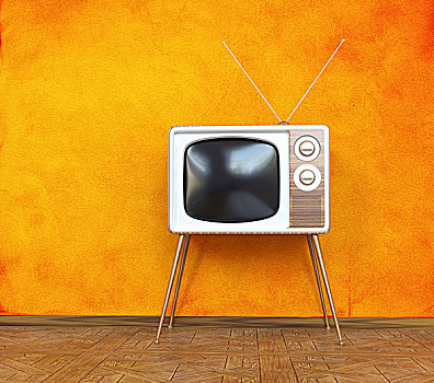 旧式,电视,上方,橙色背景,概念