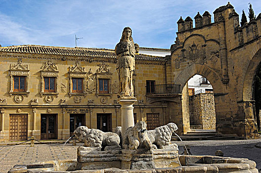 喷泉,狮子,城镇,大门,巴埃萨,哈恩省,安达卢西亚,西班牙,欧洲