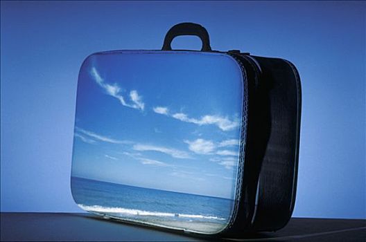 旅行,象征,海洋,景色,蓝天,手提箱,蓝色