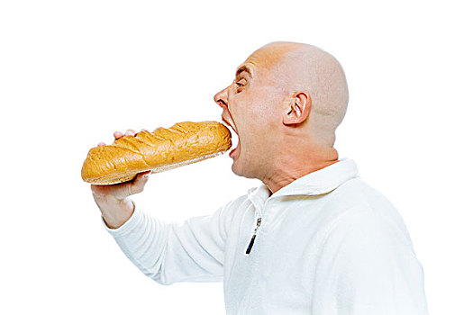 男人,咬,面包,隔绝,白色背景,侧面
