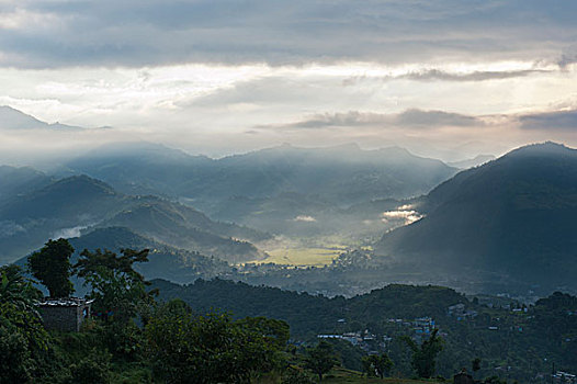 第一,太阳光线,早晨,过滤,雾气,俯视,波卡拉,喜马拉雅山,尼泊尔,亚洲