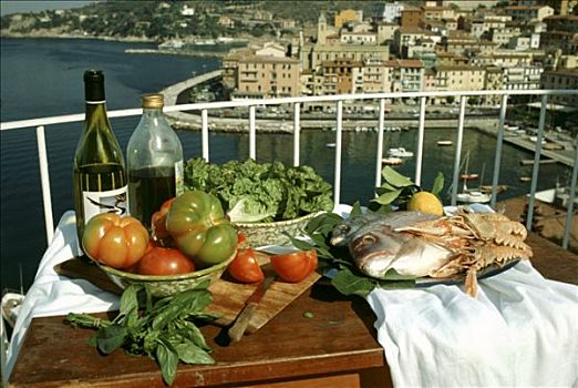 静物,鱼,西红柿,露台,意大利