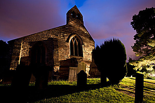 英格兰,莱斯特,萨顿,户外,墓地,教堂,12世纪,建筑,夜晚