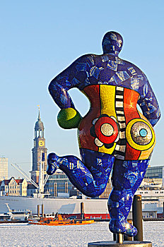 娜娜,雕塑,正面,帐蓬,音乐,狮子,国王,汉堡市,港口,后视图,背影,教堂,码头,德国,欧洲