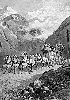 瑞士,高山,柱子,公共马车,阿尔卑斯山,历史,插画,1893年