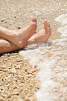放松,海滩,特写,男性,脚