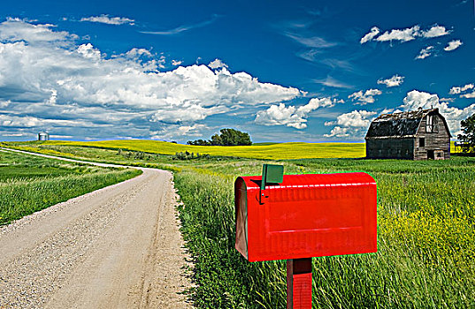 邮箱,乡间小路,老,谷仓,背景,靠近,曼尼托巴,加拿大