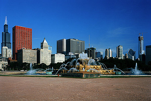 喷泉,公园,摩天大楼,背景,白金汉喷泉,格兰特公园,希尔斯大厦,芝加哥,伊利诺斯,美国