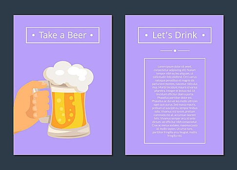 拿,啤酒,饮料,海报,文字,隔绝,矢量,插画,手,拿着,满,泡沫,大杯,紫色背景