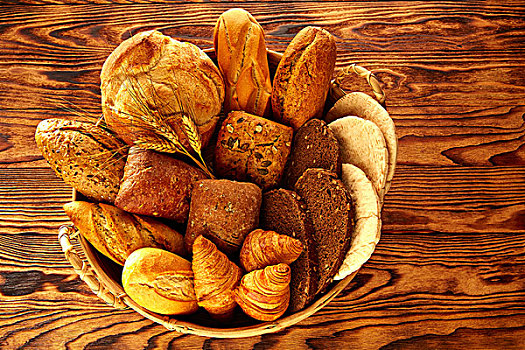 面包,新鲜,多样,混合,金色,乡村,木头,篮子