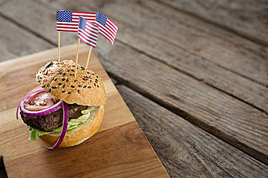 俯拍,汉堡包,美国国旗,案板