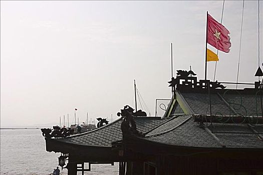 旗帜,摆动,塔,下龙湾,越南