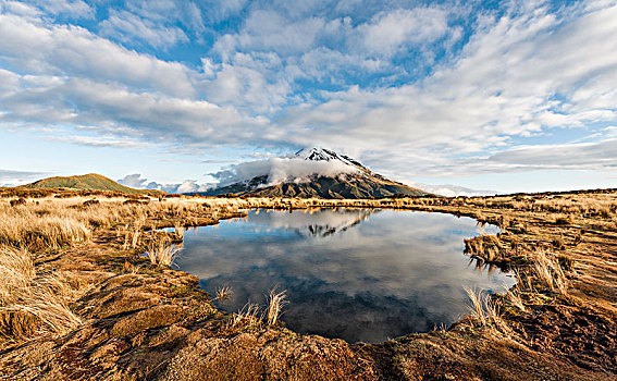 反射,山中小湖,层状火山,塔拉纳基,阴天,艾格蒙特国家公园,新西兰,大洋洲