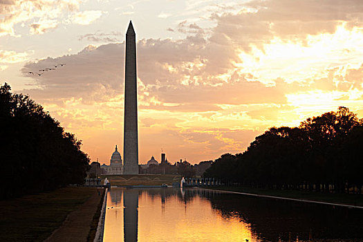 华盛顿纪念碑,国会大厦建筑,日落,华盛顿特区,美国