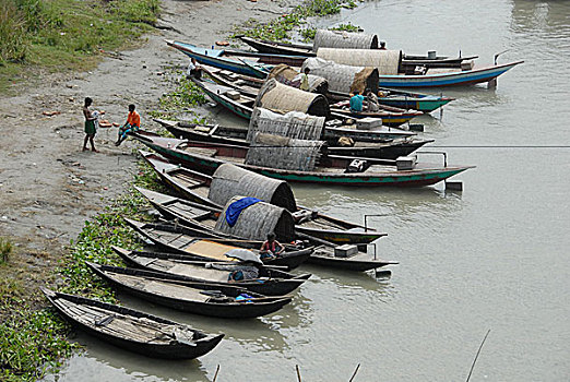 船,停放,堤岸,河,达卡,孟加拉,十月,2005年