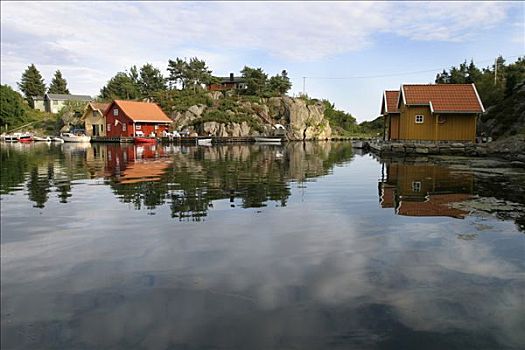 传统,建造,红色,房子,峡湾,靠近,挪威,斯堪的纳维亚,欧洲