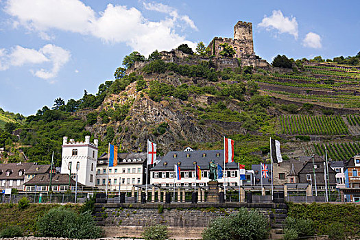 后面,城堡,世界遗产,莱茵河中游,山谷,靠近,莱茵兰普法尔茨州,德国,欧洲