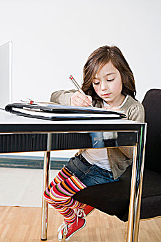 女孩,家庭作业,书桌
