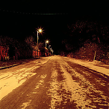 树林,道路,夜晚,照亮,街道,灯,涂鸦,遮盖,栅栏,右边,天空,哥本哈根,丹麦