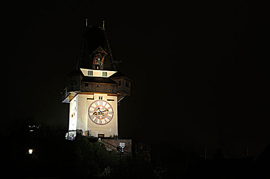 格拉茨钟塔,在晚上,格拉茨,奥地利