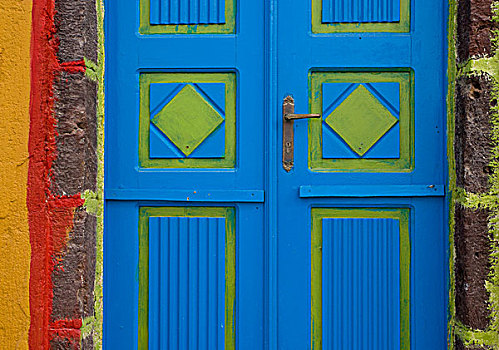 希腊,锡拉岛,蓝色,柠檬,绿色,门,彩色