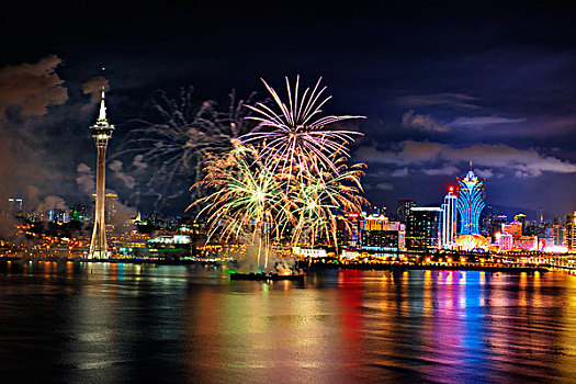 澳门,海面,夜景,灯光,烟花