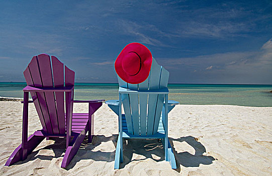 两个,宽木躺椅,太阳帽,海滩,阿鲁巴