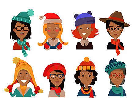 女人,脸,情绪,象征,微笑,可爱,女性,温暖,编织,帽子,围巾,矢量,女孩,女士,奶奶,时尚,冬天,头饰,乐观,情感,使用,风格