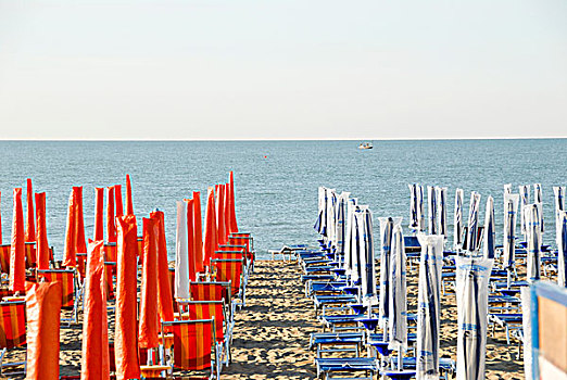 早,季节,闭合,红色,蓝色,伞,沙滩,亚德里亚,威尼斯,省,威尼托,意大利,欧洲