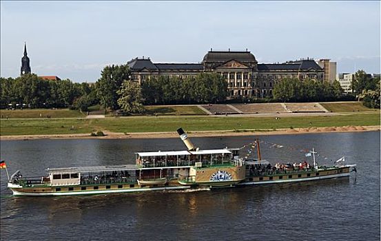 桨轮船,易北河,折叠,烟囱,正面,桥,背影,政府建筑,德累斯顿,萨克森,德国,欧洲