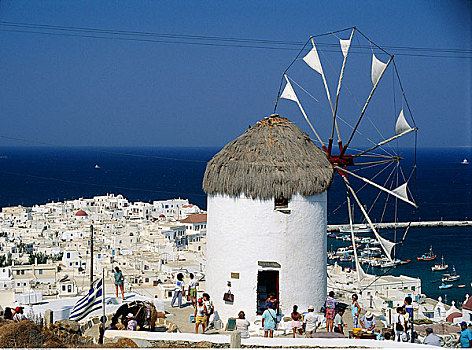 风车,俯视,城市,米克诺斯岛,希腊