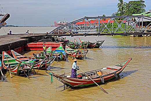 渡船,市区,仰光,河,木质,船,缅甸