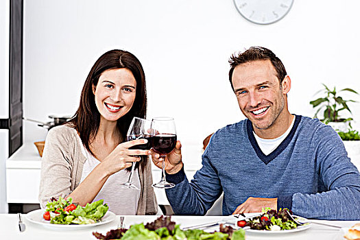 肖像,幸福伴侣,喝,红酒,午餐,厨房