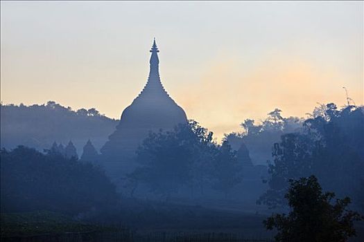 缅甸,黎明,薄雾,古老,庙宇,佛塔