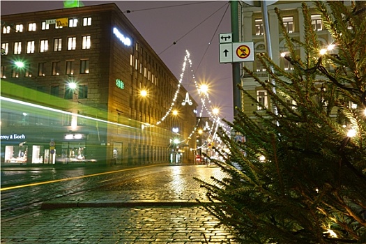 赫尔辛基,城市,有轨电车,街道,湿,十二月,晚间